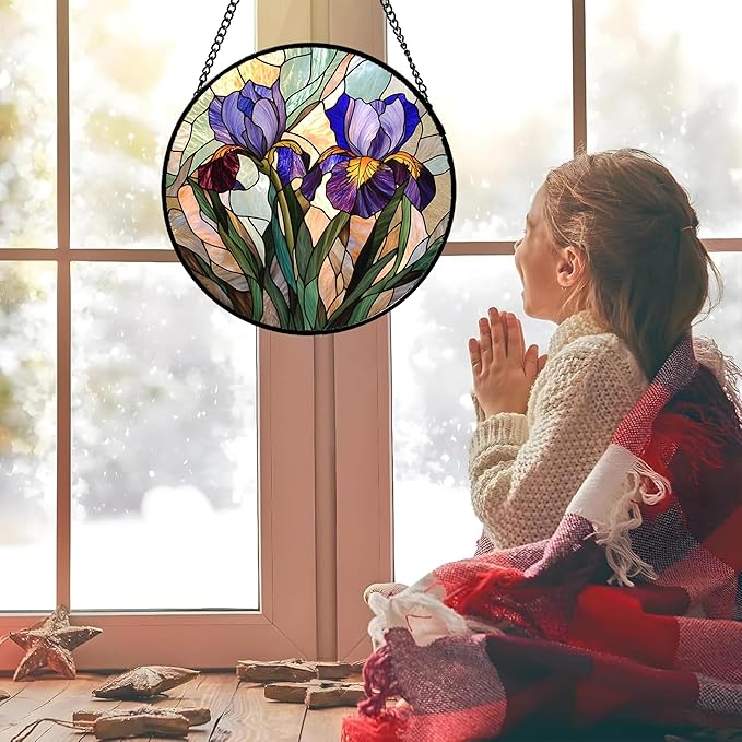 Stained Glass Window Hanging, Purple Blue Iris Birth Flower Suncatcher for Doors Garden Yard Sun Catchers Decor Christmas Mother's Day Birthday Gifts for Teacher Women Mom Nana Wife 7.8 in