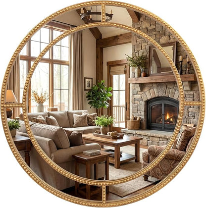 Tangkula 28" Gold Round Wall Mirror, Circle Decorative Modern with Beaded Frame for Living Room, Entryway, Fireplace, Bedroom, Vintage Mirror Wall Decoration