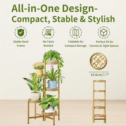 Gold Plant Stand Indoor Outdoor, Corner Metal Flower Pot Stands for Multiple Plants, 5 Tier Heavy Duty Plant Shelf for Patio Garden Balcony Living Room Bedroom - GoldWave