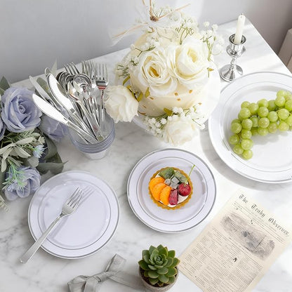 100Pcs White Plastic Dessert Plates, Disposable Salad Plate with Silver Rim, Premium Hard Fancy Small Plates, Heavy Duty Plastic Cakes Plates for Party, Wedding and Birthday