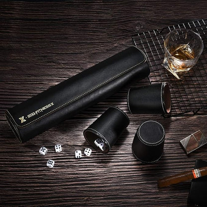 Leather Dice Cup Set, 5 Black Dice Cups + 25 Dices + Exclusive Storage and Transport Case Made of Faux Leather (Black x2)