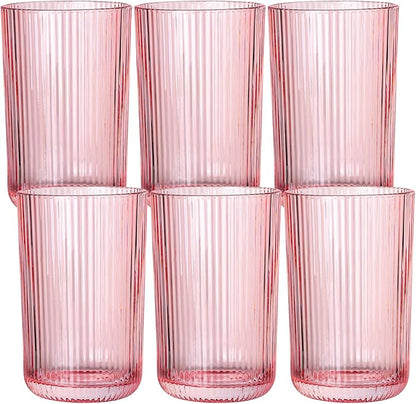 Pink Ribbed Highball Glasses Set of 6, 13.2oz Pink Colored Glassware, Drinking Glasses for Water, Juice, Iced Coffee, Cocktails, Pink Glass Cups, Housewarming Christmas Gift
