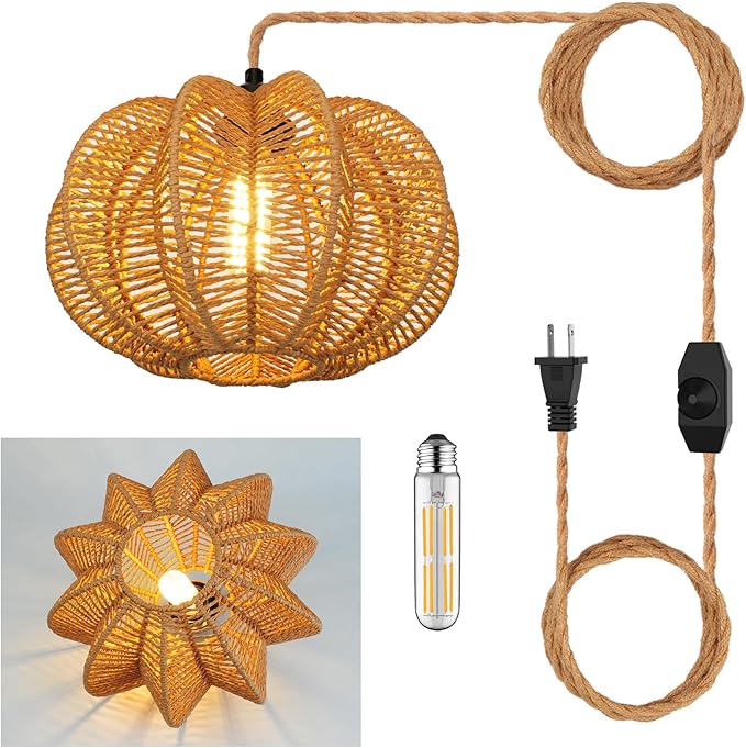 Plug in Pendant Light Rattan Hanging Lights with Plug in Cord 15FT Hemp Rope Cord, Dimmable Switch – Indoor Hanging Lamps for Boho Living Room Bedroom（Bulb Included） 11 x 7 inch