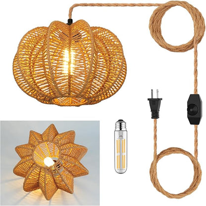 Plug in Pendant Light Rattan Hanging Lights with Plug in Cord 15FT Hemp Rope Cord, Dimmable Switch – Indoor Hanging Lamps for Boho Living Room Bedroom（Bulb Included） 11 x 7 inch