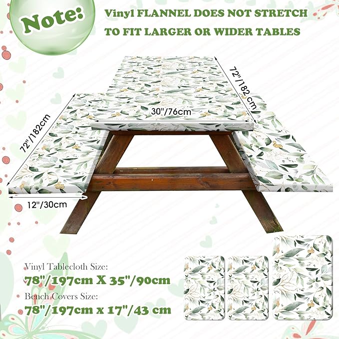 Boao 3 Pcs Vinyl Picnic Table Cover with Bench Cover 6 ft 30 x 72 Inch Waterproof Fitted Tablecloth Flannel Backing Rectangular Elastic Edged for Camping Outdoor Patio Travel(Eucalyptus)