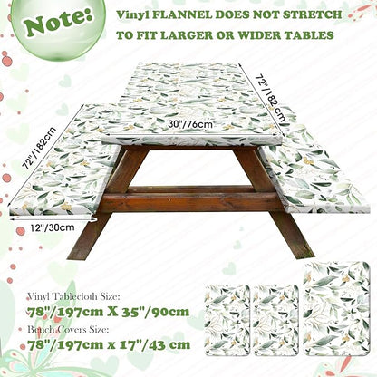 Boao 3 Pcs Vinyl Picnic Table Cover with Bench Cover 6 ft 30 x 72 Inch Waterproof Fitted Tablecloth Flannel Backing Rectangular Elastic Edged for Camping Outdoor Patio Travel(Eucalyptus)