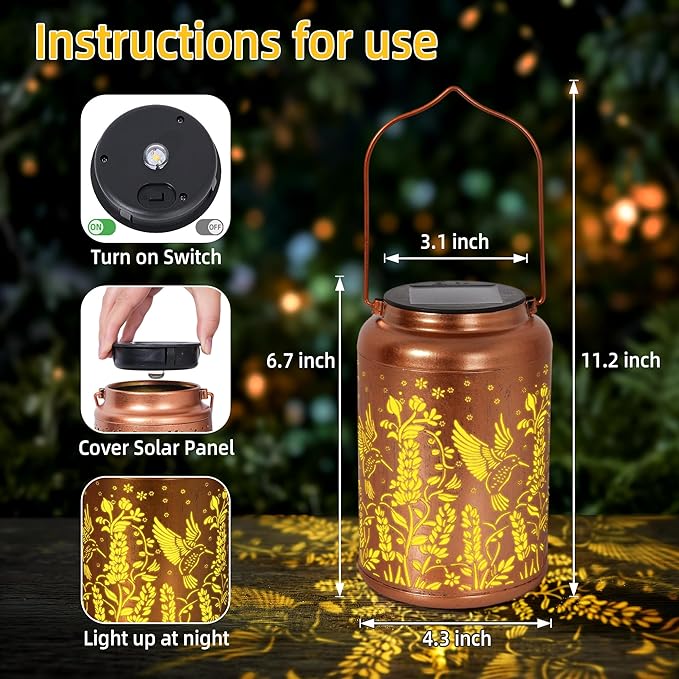 Solar Lantern Outdoor Waterproof, Gifts for Women Mom Grandma, Hanging Metal Light Hummingbird Garden Decor for Yard Patio Lawn
