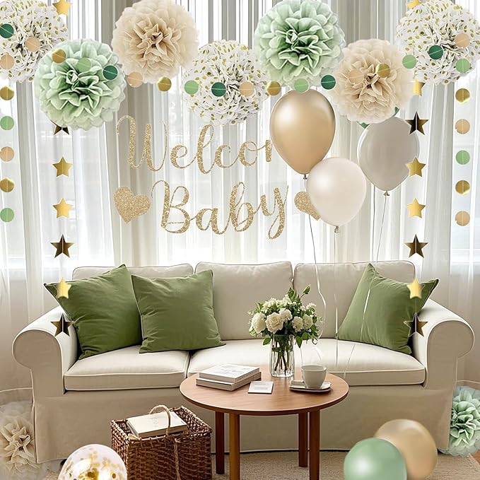 Baby Shower Decorations Sage Green Balloons Welcome Baby Banner, Pom Poms Flowers , Circle Dots Star Garland, Boys or Girls Gender Reveal Birthday Party Supplies