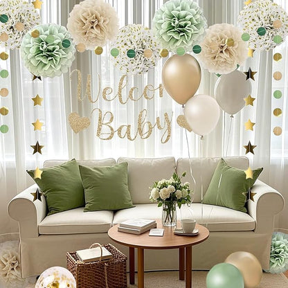 Baby Shower Decorations Sage Green Balloons Welcome Baby Banner, Pom Poms Flowers , Circle Dots Star Garland, Boys or Girls Gender Reveal Birthday Party Supplies