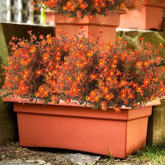 12 Bundles Artificial Fall Flowers No Fade Faux Autumn Plants, Fake Indoor Outdoor Greenery Decorations for Thanksgiving Christmas Wedding Party Home Garden Fireplace Décor (Fall Red)
