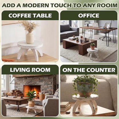 Novabright 2 Pcs Short Plant Pedestal Wood Plant Stool Round Low Wood Riser Pedestal Display Decor Flower Indoor Outdoor Rustic Farmhouse Table Balcony Decor Board Flower Holder Rise (White)