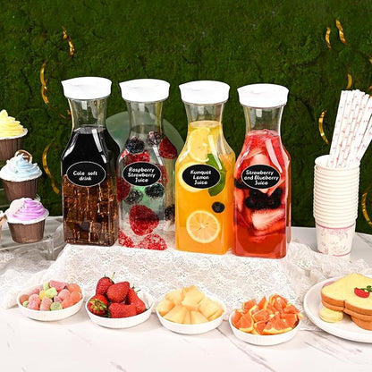 Set of 8 Plastic Carafe with Lid, 1 Liter Carafes for Mimosa Bar，Large Square Base Juice Containers, Water Bottle, Milk Container, Clear Beverage Containers for Fridge