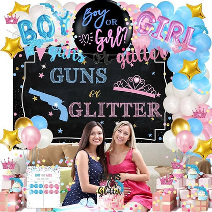 Hombae Guns or Glitter Gender Reveal Decorations, 169 PCs Boy or Girl Gender Reveal Decorations What Will Baby Be Backdrop Balloon Garland Banner Tablecloth Cake Cupcake Topper Cutout Poster Sash