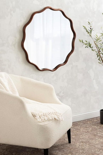 Kate and Laurel Talma Mid-Century Round Scalloped Wall Mirror; 30 Inch Diameter; Walnut Brown; Modern Circle Mirror with Solid Poplar Wood Frame and Rounded Frame Profile