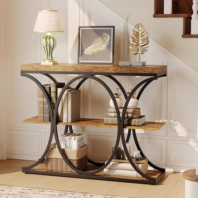 Garvee 39" Narrow Console Tables for Entryway, Industrial 3-Tier Sofa Table with Round Metal Base and Storage Shelves for Living Room, Hallway, Foyer, Retro Brown