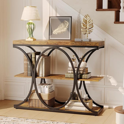 Garvee 39" Narrow Console Tables for Entryway, Industrial 3-Tier Sofa Table with Round Metal Base and Storage Shelves for Living Room, Hallway, Foyer, Retro Brown