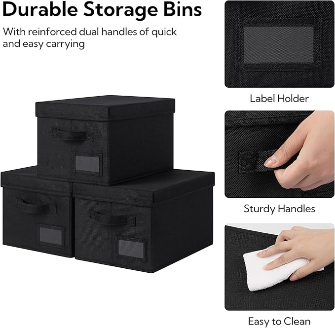 GRANNY SAYS Storage Bins with Lids, Linen Storage Bins for Shelves, Decorative Storage Boxes, Clothes Storage and Organization, Storage Boxes for Organizing, 3-Pack, Black