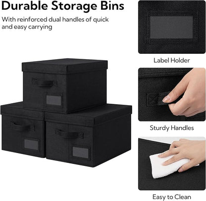 GRANNY SAYS Storage Bins with Lids, Linen Storage Bins for Shelves, Decorative Storage Boxes, Clothes Storage and Organization, Storage Boxes for Organizing, 3-Pack, Black