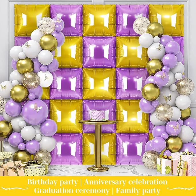 Gold and Purple Square Foil Balloons 25 Pcs Metallic Gold and Purple Balloons Wall Backdrop for New Year Graduation Birthday Bridal Shower Party Arch Backdrop Decorations