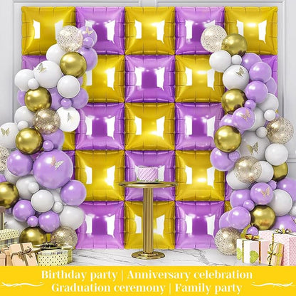 Gold and Purple Square Foil Balloons 25 Pcs Metallic Gold and Purple Balloons Wall Backdrop for New Year Graduation Birthday Bridal Shower Party Arch Backdrop Decorations