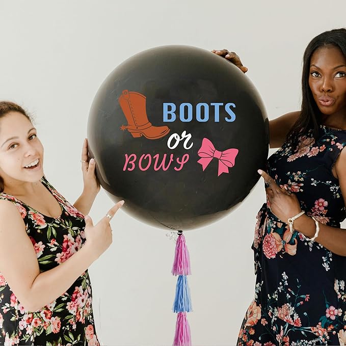 Boots or Bows Gender Reveal Balloon With Tassel Tail, 36 Inch Big Black Balloons with Pink and Blue Heart Shape Confetti Packs for Boy or Girl, Baby Shower Gender Reveal Party Decoration Kit