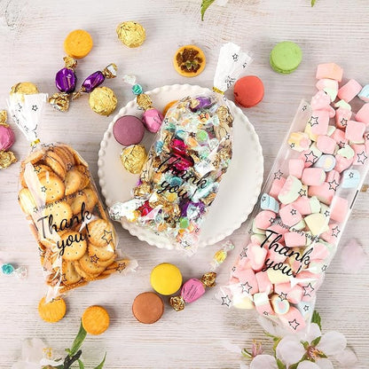 Docvania Cellophane Treat Gift Bags Thank You Printed Cookie Bags 100 pcs 5 X 11 Gift Bag with Ties for Mother's Day, Thanksgiving and Christmas
