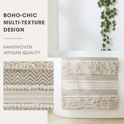 Ink+Ivy Bath Rug Hand-Woven Texture Shaggy Striped Soft & Water Absorbent, Boho Bathroom Décor Bath-Mats, Non-Slip Absorbent Quick Dry Mats for Tub, Shower Room, Asher, 20x32 Natural