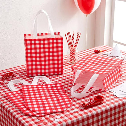 Sweetude 16 Pcs Red White Checkered Gift Bags with Handles Gingham Red and White Party Favors Non-woven Reusable Tote for Women Wedding Birthday Baby Shower Mother's Day Party Decorations