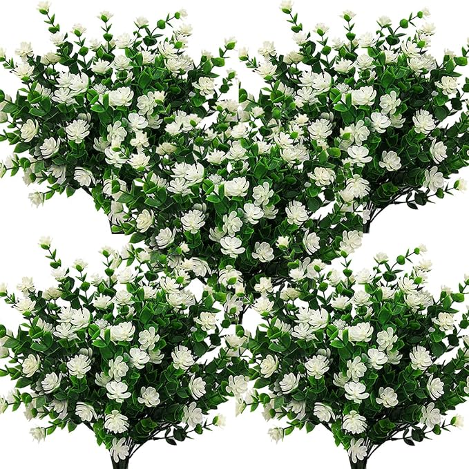 10 Bundles Artificial Fake Flowers, Faux Outdoor Plastic Plants UV Resistant Shrubs Outside Indoor Decorations (White-Eucalyptus)