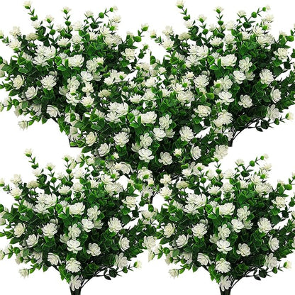 10 Bundles Artificial Fake Flowers, Faux Outdoor Plastic Plants UV Resistant Shrubs Outside Indoor Decorations (White-Eucalyptus)