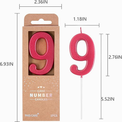 PHD CAKE 2.76 Inch Modern Red 9 Number Birthday Candles, Cake Candles for Party Celebration