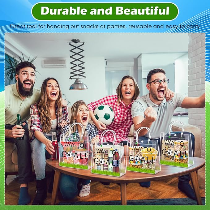 Abbylike 24 Pcs Soccer Clear PVC Gift Bag with Handles Party Favor Bag Candy Gift Treat Bags for Sports Theme Party Decorations Game Celebration Supplies Birthday Decorations
