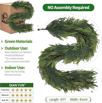 Christmas Decorations – 6FT Artificial Norfolk Pine Greenery Garland, Real Touch Christmas Garland for Mantel, Staircase, Fireplace, Front Door, Indoor & Outdoor Holiday Decor (1, 6FT)