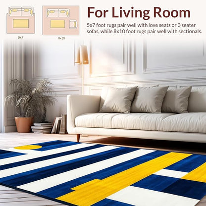 Flatwoven High Traffic Area Rug 5x7, Contemporary Striped Rug Clean Lines & Bold Hues, Non Slip, Stain Resistant, Washable Area Rugs for Living Room, Bedroom (Blue, 5x7)