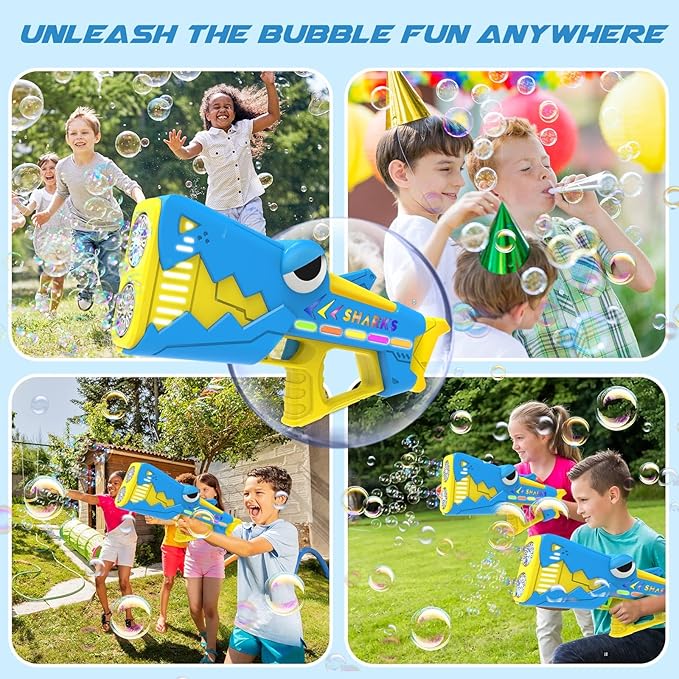Bubble Gun for Kids Ages 4-8: Shark Light Up Bubble Machine for Toddlers, Rechargeable, 2 Bubble Solution, Outdoor Toy Party Birthday Gift for 3 4 5 6 7 8 Year Old