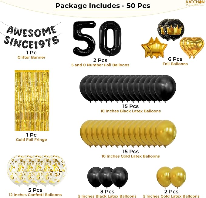 KatchOn, Happy 50th Birthday Decorations - Pack of 50 | Awesome Since 1975 Banner, Latex Balloons Arch, Gold Foil Fringe, Star, Round, Heart Foil Balloons | 50th Birthday Decorations for Women, Men