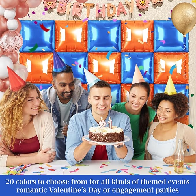 Orange and Blue Square Foil Balloons 25 Pcs Metallic Orange and Blue Balloons Wall Backdrop for New Year Graduation Birthday Bridal Shower Party Arch Backdrop Decorations
