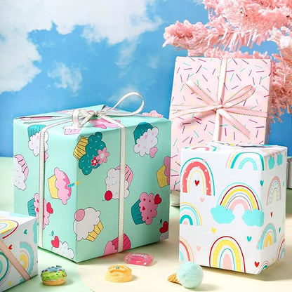 LeZakaa Mini Wrapping Paper Roll - Mini Roll - Cupcake/Rainbow/Colorful Stripe for Birthday, Party, Holiday, Baby Shower - 17 x 120 inches - 3 Rolls (42.5 sq.ft.ttl.)
