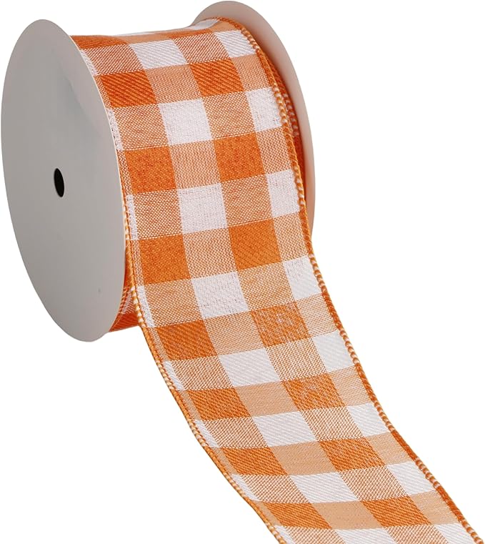 Meseey 2.5 Inch Fall Wired Ribbon Set, 2 Rolls Total 10 Yards Solid Orange & Orange White Buffalo Check Wired Edge Ribbon for Wreaths, Bows, Gift Wrapping, Thanksgiving & Halloween Decor