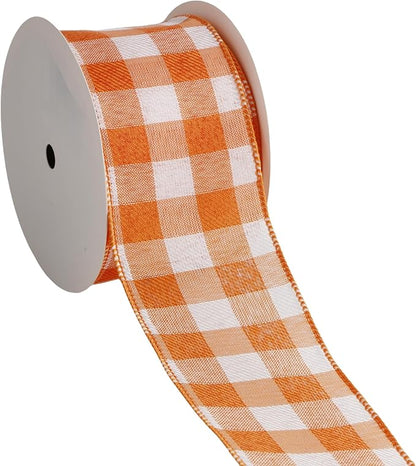 Meseey 2.5 Inch Fall Wired Ribbon Set, 2 Rolls Total 10 Yards Solid Orange & Orange White Buffalo Check Wired Edge Ribbon for Wreaths, Bows, Gift Wrapping, Thanksgiving & Halloween Decor