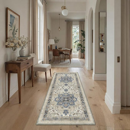 GENIMO 8x10 Area Rugs for Living Room, Machine Washable Rug, Non Slip Indoor Vintage Carpet, Low Pile Lightweight Chenille Print Carpet for Bedroom Dining Room Home Office, Blue Cream