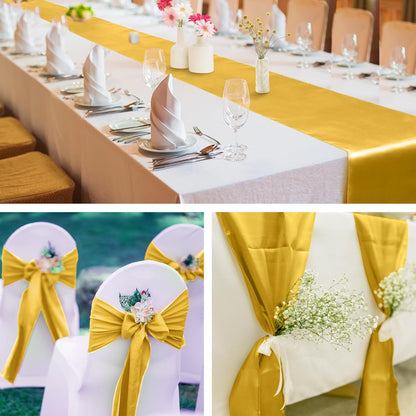 Aneco 16 Pack Satin Table Runner 12 x 108 Inch Gold Long Wedding Satin Silk Table Runner for Wedding Banquet Graduations Birthday Party Decoration