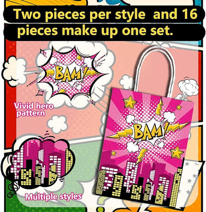 Lesnala 16Pcs Superhero party favors bags with handles 8 Styles Comic series goodie bags Kraft paper hero themed candy treat gift bags for Kids Birthday Party Baby Shower Decoration Supplies