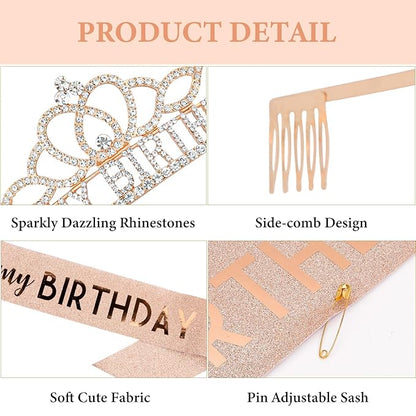 CAVETEE Birthday Crowns for Women - Its My Birthday Sash and Crown Set for Adult Women - Rose Gold
