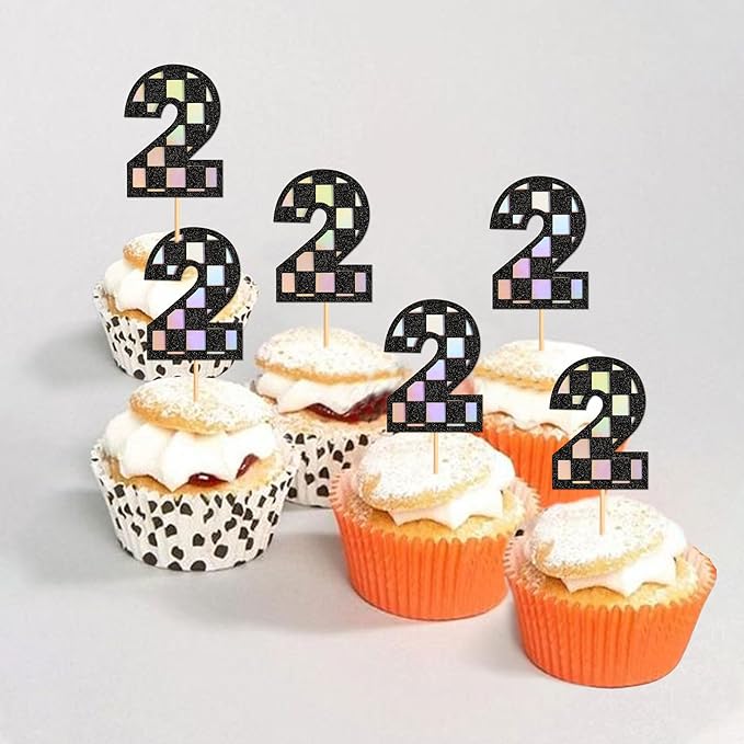 Ercadio 24 Pack Number 2 Cupcake Toppers Checkered Two Cupcake Picks for Smiley Assorted Racing Car Theme Baby Shower 2nd Birthday Party Cake Decoration Supplies