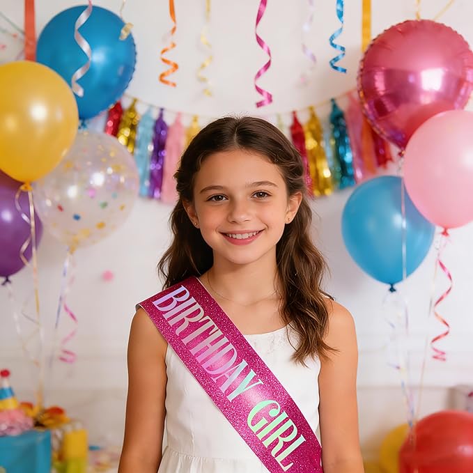 Birthday Sash for Girl, Dazzle Foil Letter Glitter Hot Pink Birthday Sash for Women Girl Kids Teenager Bday Gifts Party Favors Photo Prop