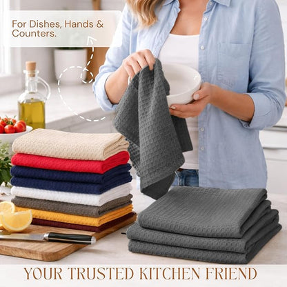 Gray Waffle Kitchen Dish Towels, 100% Cotton, Quick Dry, Super Absorbent, Soft, 16x26 Inches - Ideal for Dish Drying, Bar, Tea, Cleaning, and Everyday Use, 4 Pack, Grey