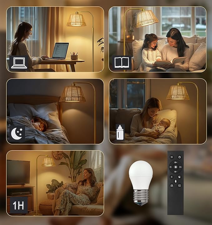 Oneach Arc Floor Lamp for Living Room with 3 Color Temperatures, Farmhouse Floor Lamps with Remote & Dimmable Bulb, Rattan Boho Floor Lamp with Hand-Woven Wicker & Fabric Shade