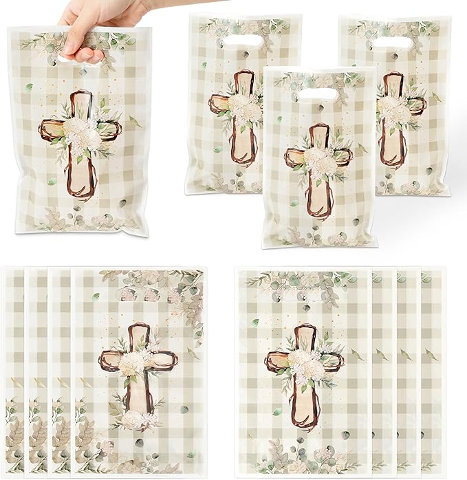 ANGOLIO 50Pcs White Floral God Bless Party Favor Bags Waterproof Baptism First Communion Goodie Bags with Handles Religious Christian Cross Candy Treat Gifts for Kid Easter Birthday Party Baby Shower