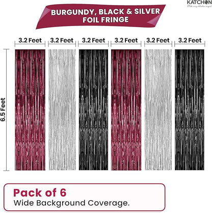 KatchOn, Burgundy Black and Silver Foil Fringe Curtains – Pack of 6 | Tinsel Backdrop for Bridal Shower, Bachelorette Party Decorations | Streamer Backdrop for Christmas, Halloween Decorations Indoor